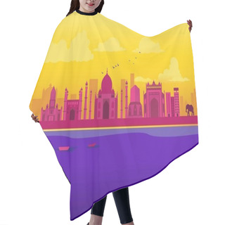 Personality  Vector Cartoon Illustration Of Uttar Pradesh Skyline. Isolated On A Colored Background. Hair Cutting Cape