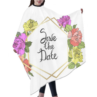 Personality  Vector Rose Flowers And Golden Crystal Frame. Coral, Yellow And Purple Engraved Ink Art. Geometric Crystal Polyhedron Shape On White Background. Save The Date Handwriting Monogram Calligraphy. Hair Cutting Cape