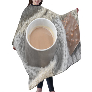 Personality  Hot Chocolate In Coffee Mug With A Grey, Ivory, Ecru Knitted Scarf Around It And Chocolate Bar Hair Cutting Cape