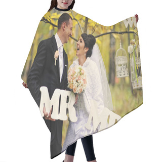 Personality  Happy Wedding Couple In Autumn Day With Sign Mrs & Mr Hair Cutting Cape