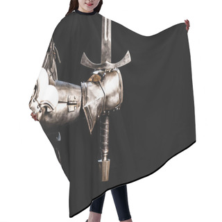 Personality  Cropped View Of Knight In Armor Holding Sword Isolated On Black  Hair Cutting Cape
