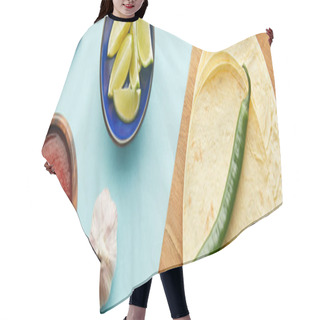 Personality  Top View Of Tortillas, Tomato Sauce With Garlic And Lime Slices On Blue Background, Panoramic Shot Hair Cutting Cape