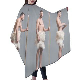Personality  Collage Of Muscular Caveman With Spear And Laptop On Grey, Evolution Concept  Hair Cutting Cape