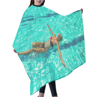 Personality  Woman Floating On A Back In Swimming Pool Resort Hotel Summer Time Vacation Season Hair Cutting Cape