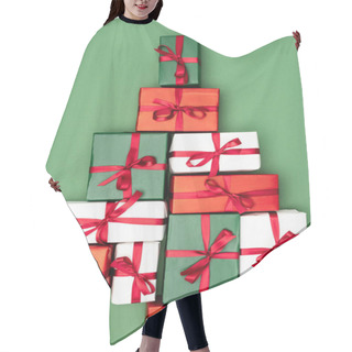 Personality  Top View Of Colorful Gift Boxes In Shape Of Christmas Tree On Green Background Hair Cutting Cape