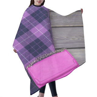 Personality  Top View Purple Handbag And Checkered Skirt. Hair Cutting Cape