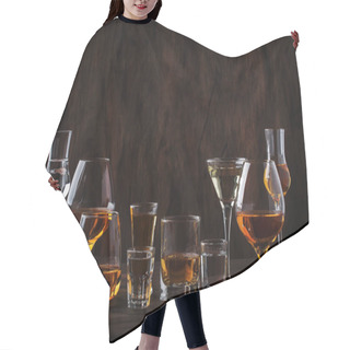 Personality  Selection Of Hard Strong Alcoholic Drinks In Big Glasses And Small Shot Glass In Assortent: Vodka, Cognac, Tequila, Brandy And Whiskey, Grappa, Liqueur, Vermouth, Tincture, Rum. Vintage Wooden Bar Counter Background, Selective Focus, Copy Space Hair Cutting Cape