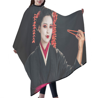 Personality  Cheerful Beautiful Geisha In Black Kimono With Red Flowers In Hair Holding Chopsticks Isolated On Black Hair Cutting Cape