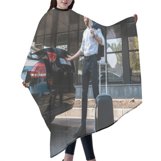 Personality  Low Angle View Of Happy Businessman Opening Car Trunk While Standing Near Luggage  Hair Cutting Cape