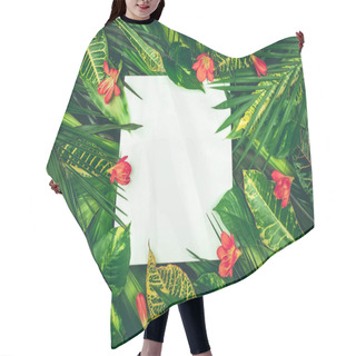 Personality  Composition With Fresh Tropical Leaves And Exotic Flowers On Whi Hair Cutting Cape