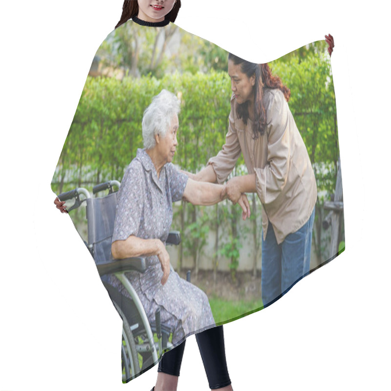 Personality  Caregiver Help Asian Elderly Woman Disability Patient Sitting On Wheelchair In Park, Medical Concept. Hair Cutting Cape
