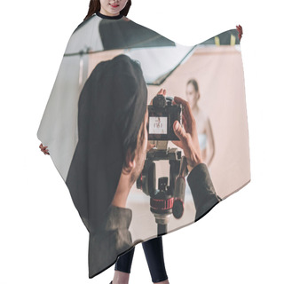 Personality  Selective Focus Of Videographer With Camera Working With Beautiful Woman In Photo Studio Hair Cutting Cape