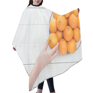 Personality  Partial View Of Female Hand Near Plate With Tangerines On Wooden White Background With Copy Space Hair Cutting Cape