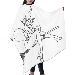 Personality  Tattoo In Black Line Style Of A Pinup Witch Hair Cutting Cape