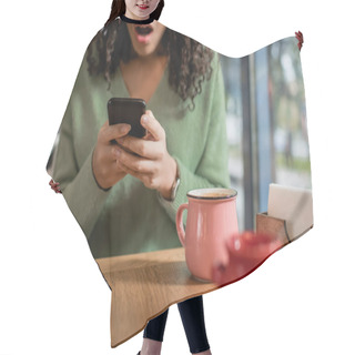 Personality  Cup Of Coffee Near Shocked African American Woman Texting On Smartphone On Blurred Foreground  Hair Cutting Cape