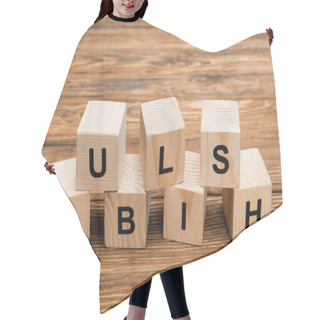 Personality  Close Up View Of Wooden Cubes With Black Publish Inscription On Wooden Desk Hair Cutting Cape