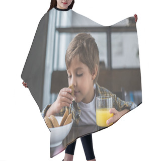Personality  Little Boy During Breakfast At Home Hair Cutting Cape