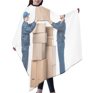 Personality  Two Movers In Uniform Holding Cardboard Box On White  Hair Cutting Cape