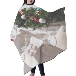 Personality  Fireplace Decorated With Christmas Stockings, Pine Branches And Christmas Balls Hair Cutting Cape
