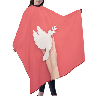 Personality  Cropped View Of Woman Holding White Dove As Symbol Of Peace In Hand On Red Background Hair Cutting Cape