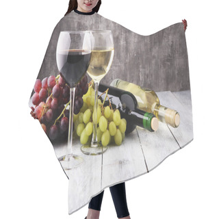 Personality  Glasses Of Wine And Grapes On Wooden Background. Red And White W Hair Cutting Cape