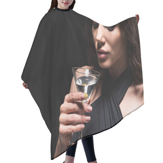 Personality  Pretty Woman With Makeup Holding Glass Of Martini With Olive Isolated On Black Hair Cutting Cape