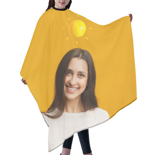 Personality  Glad Pretty Young Caucasian Lady With Abstract Sun Above Her Head Isolated On Yellow Studio Background. Lifestyle, Great Mood, Positive Human Emotions And Facial Expression, Good News Hair Cutting Cape