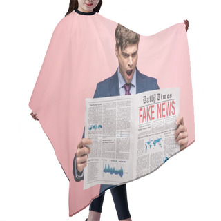 Personality  Shocked Businessman Reading Newspaper With Fake News On Pink Background Hair Cutting Cape