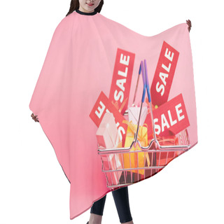 Personality  Shopping Basket With Presents And Red Sale Tags On Pink  Hair Cutting Cape