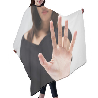 Personality  Young Woman Showing Her Denial With NO On Her Hand Hair Cutting Cape