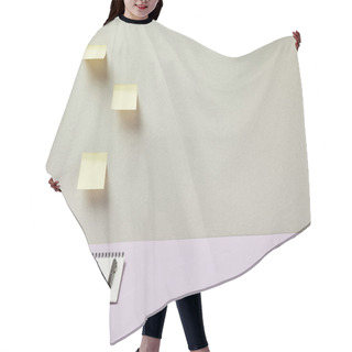 Personality  Notebook Near Pen, Ruler And Sticky Notes On Grey And Purple  Hair Cutting Cape