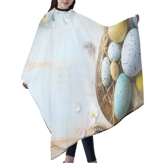 Personality  Easter Background With Easter Eggs And Spring Flowers. Top View  Hair Cutting Cape