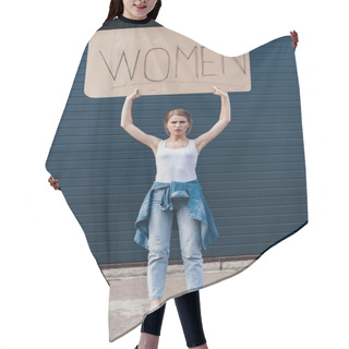 Personality  Full Length View Of Feminist Holding Placard With Inscription Women On Street Hair Cutting Cape