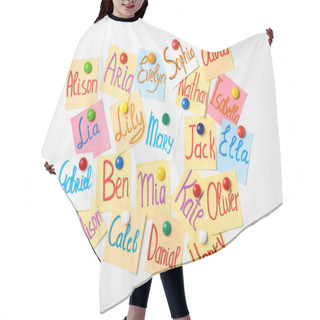 Personality  Colorful Paper Sheets With Written Different Baby Names On White Background, Flat Lay Hair Cutting Cape