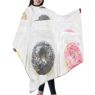 Personality  Many Different Sweet Glazed Donuts In Plastic Packaging In Store Hair Cutting Cape