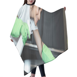 Personality  Happy Girl In Latex Gloves Cleaning Table With Rag And Spray Bottle, Horizontal Crop Hair Cutting Cape