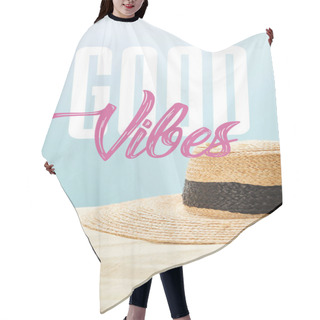 Personality  Selective Focus Of Straw Hat On Golden Sand In Summertime Isolated On Blue With Good Vibes Illustration Hair Cutting Cape