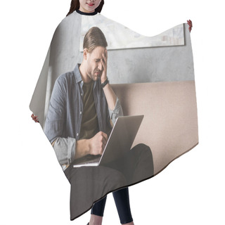 Personality  Young Overworked Man With Laptop Having Headache While Sitting On Couch Hair Cutting Cape