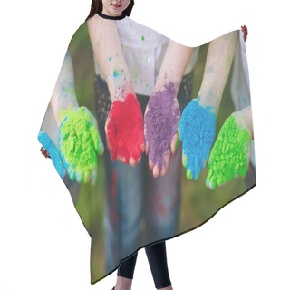 Personality  Hands Palms Of Young People Covered In Purple, Yellow, Red, Blue Holi Festival Colors Isolated Hair Cutting Cape