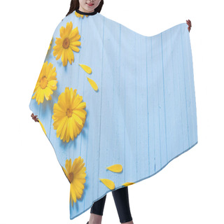 Personality  Calendula Flowers On Blue Wooden Background Hair Cutting Cape