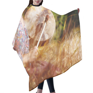 Personality  Shaman Frame Drum In Woman Hand In The Nature Hair Cutting Cape