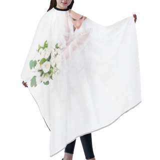 Personality  Overhead View Of Bride In Traditional Dress Holding Wedding Bouquet, Isolated On White Hair Cutting Cape