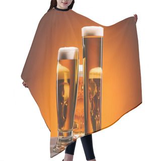 Personality  Close Up View Of Arrangement Of Glasses Of Beer On Orange Backdrop Hair Cutting Cape