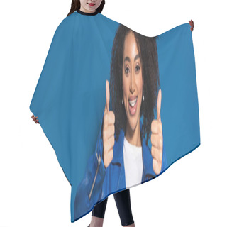 Personality  Smiling African American Woman Showing Thumbs Up On Blue Background, Panoramic Shot Hair Cutting Cape