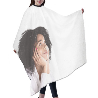 Personality  Dreaming Young Happy African Woman, Mock Up Hair Cutting Cape