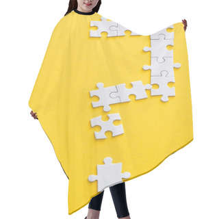 Personality  Top View Of Connected White Jigsaw Puzzle Pieces Isolated On Yellow  Hair Cutting Cape