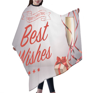 Personality  Glass Of Champagne And Wrapped Gift On Grey Backdrop With 