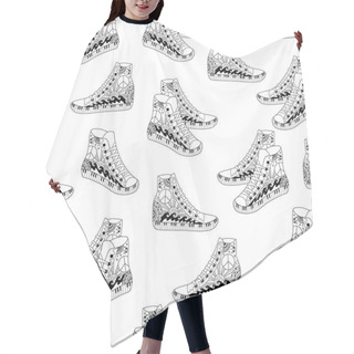 Personality  Seamless Pattern With Black And White Hippie Hight Sneakers In Zentangle Style Hair Cutting Cape