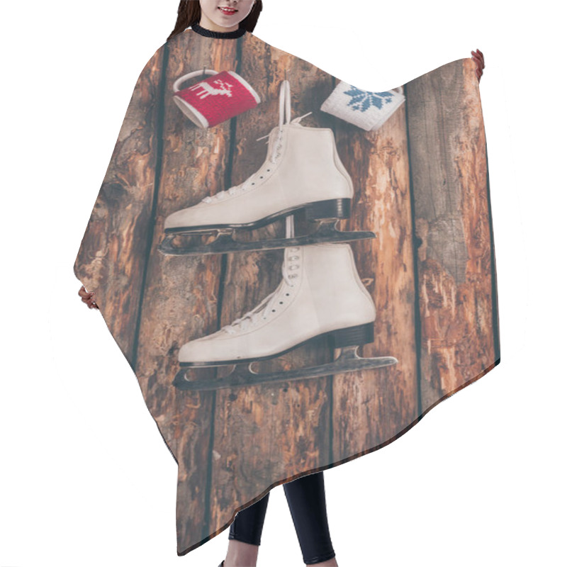 Personality  Two Cups And Pair Of White Skates Hanging On Wooden Wall Hair Cutting Cape