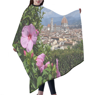 Personality  Beautiful Pink Hibiscus Flower In A Garden Located At Michelangelo Square With Cathedral Of Santa Maria Del Fiore On The Background. Italy. Hair Cutting Cape